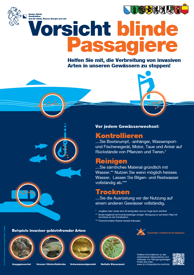 Plakat vom AWEL Vorsicht blinde Passagiere: Helfen Sie mit, die Verbreitung von invasiven Arten in unseren Gewässern zu stoppen! Kontrollieren, Reinigen und Trocknen.