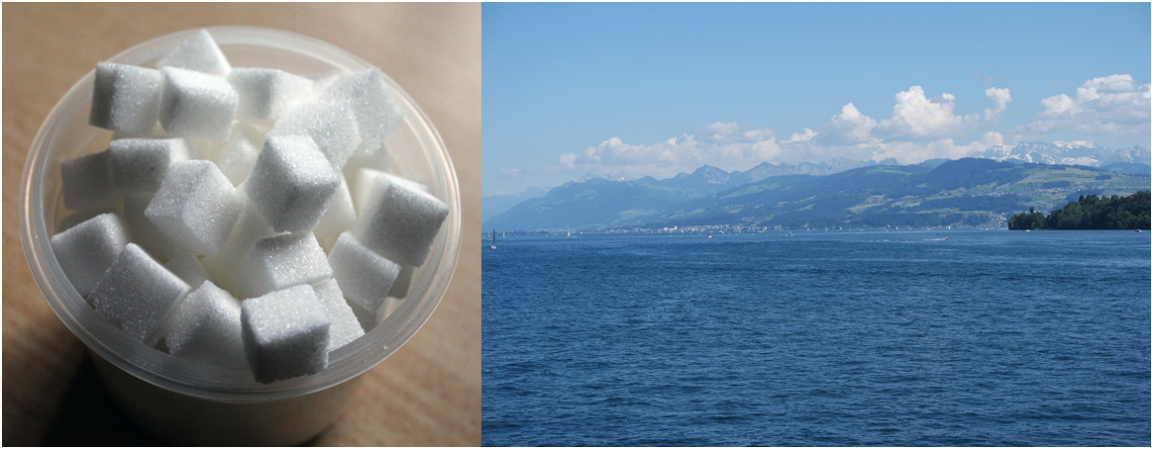 Becher mit dreissig Würfelzucker und der Zürichsee bei schönem Wetter, stellt die Menge der Mikroverunreinigung dar