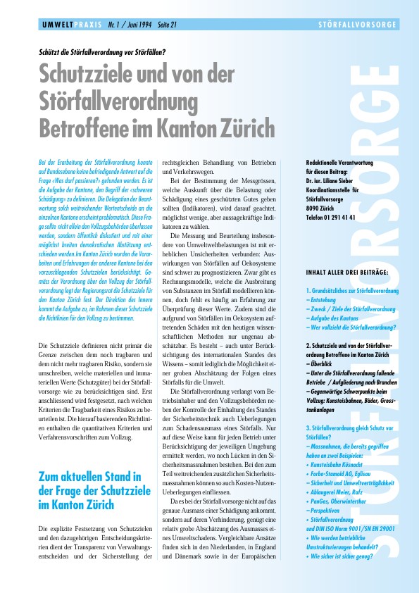 Schützt die Störfallverordnung vor Störfällen? - Schutzziele und von der Störfallverordnung Betroffene im Kanton Zürich