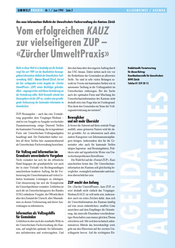 Das neue Informations-Bulletin der Umweltschutz-Fachverwaltung des Kantons Zürich - Vom erfolgreichen KAUZ zur vielseitigen ZUP-ZürcherUmweltPraxis