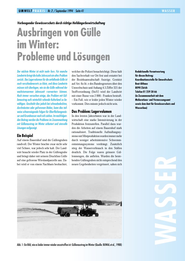 Vorbeugender Gewässerschutz durch richtige Hofdüngerbewirtschaftung - Ausbringen von Gülle im Winter: Probleme und Lösungen
