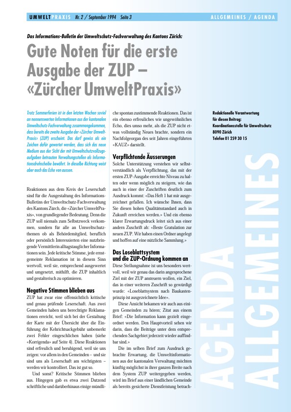 Das Informations-Bulletin der Umweltschutz-Fachverwaltung des Kantons Zürich: Gute Noten für die erste Ausgabe der ZUP – «Zürcher UmweltPraxis»