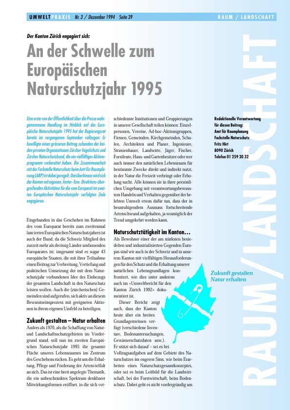 Der Kanton Zürich engagiert sich: An der Schwelle zum Europäischen Naturschutzjahr 1995