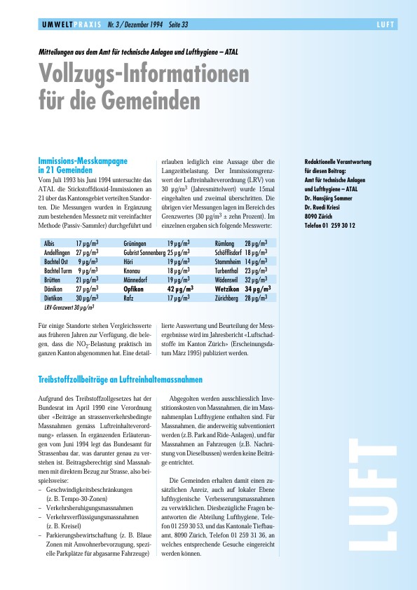 Mitteilungen aus dem Amt für technische Anlagen und Lufthygiene – ATAL: Vollzugs-Informationen für die Gemeinden