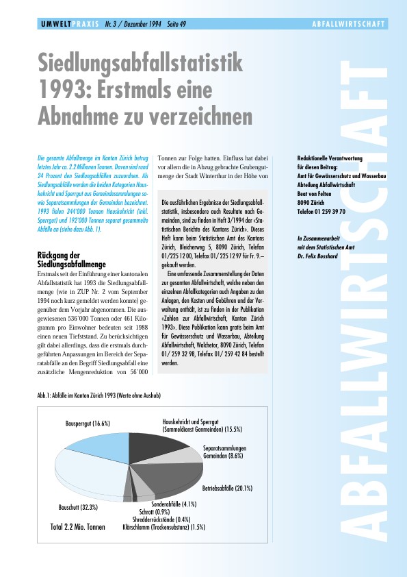 Zürcher Umweltpraxis 3: Siedlungsabfallstatistik 1993: Erstmals eine Abnahme zu verzeichnen