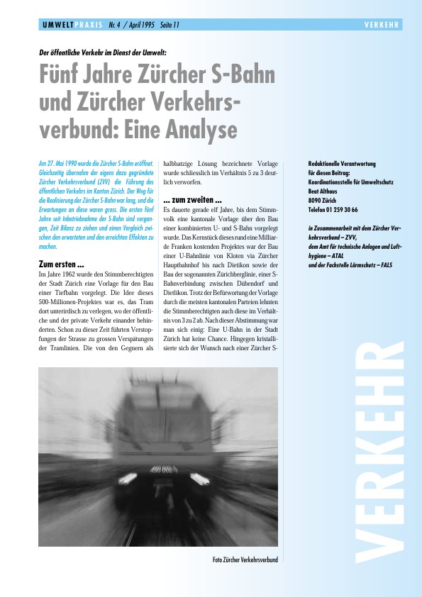 Zürcher Umweltpraxis 4: Der öffentliche Verkehr im Dienst der Umwelt: Fünf Jahre Zürcher S-Bahn und Zürcher Verkehrsverbund: Eine Analyse