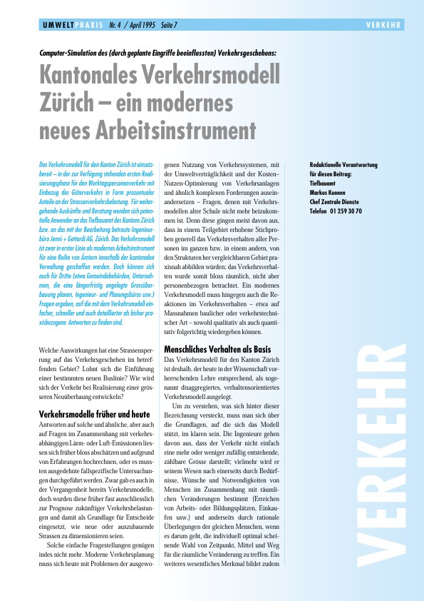 Zürcher Umweltpraxis 4: Computer-Simulation des (durch geplante Eingriffe beeinflussten) Verkehrsgeschehens:Kantonales Verkehrsmodell Zürich – ein modernes neues Arbeitsinstrument
