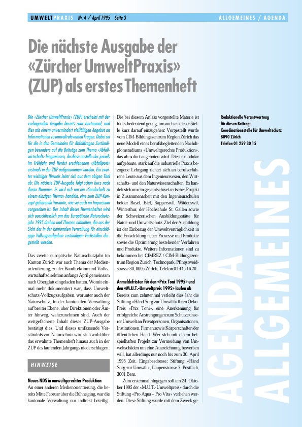 Die nächste Ausgabe der «Zürcher UmweltPraxis» (ZUP) als erstes Themenheft