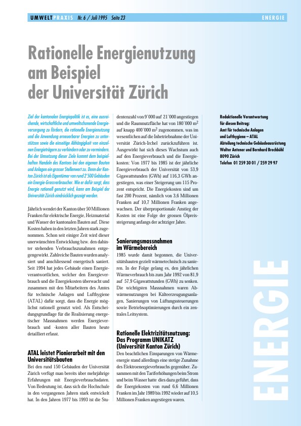 Zürcher Umweltpraxis 6: Rationelle Energienutzung am Beispiel der Universität Zürich