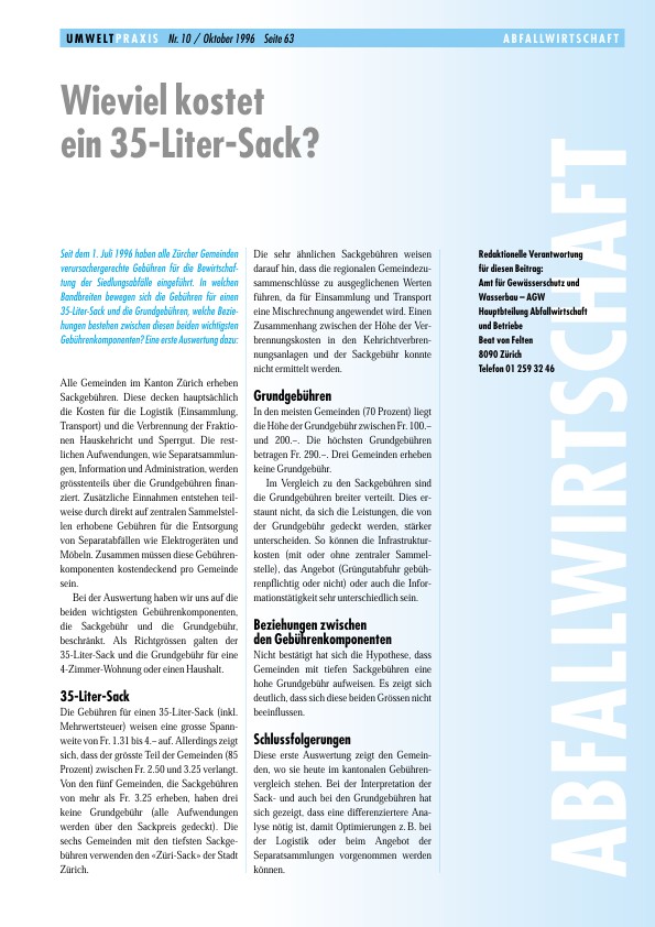Zürcher Umweltpraxis 10: Wieviel kostet ein 35-Liter-Sack?