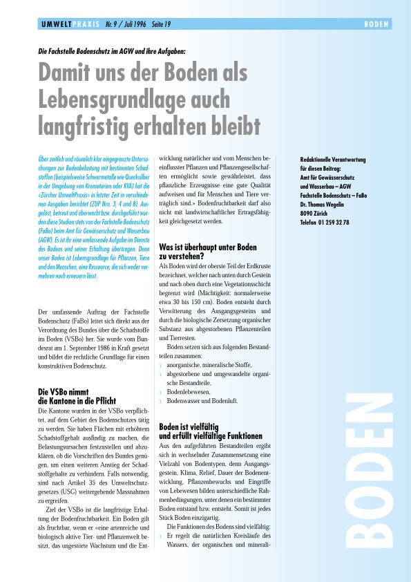 Zürcher Umweltpraxis 9: Die Fachstelle Bodenschutz im AGW und ihre Aufgaben: Damit uns der Boden als Lebensgrundlage auch langfristig erhalten bleibt