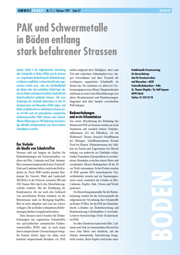 PAK und Schwermetalle in Böden entlang stark befahrener Strassen