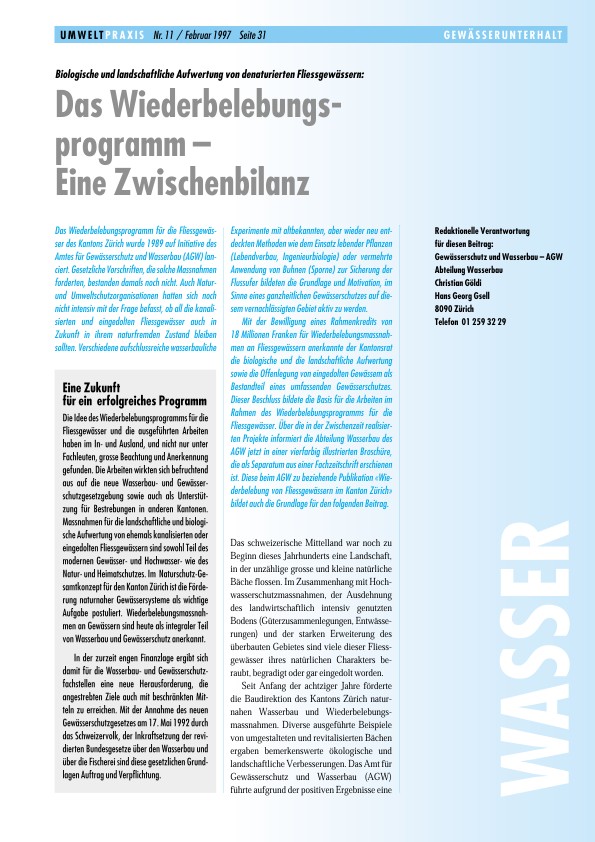 Zürcher Umweltpraxis 11: Biologische und landschaftliche Aufwertung von denaturierten Fliessgewässern: Das Wiederbelebungsprogramm – Eine Zwischenbilanz