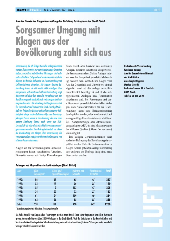 Aus der Praxis der Klagenbearbeitung der Abteilung Lufthygiene der Stadt Zürich: Sorgsamer Umgang mit Klagen aus der Bevölkerung zahlt sich aus