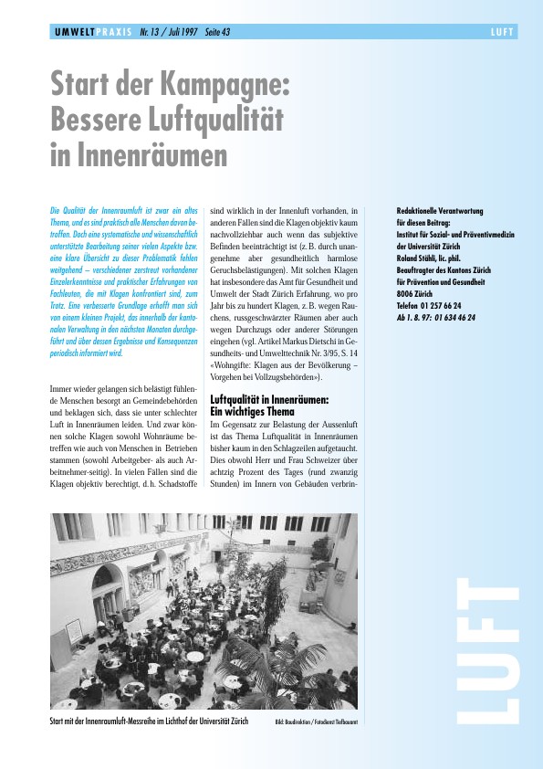 Zürcher Umweltpraxis 13: Start der Kampagne: Bessere Luftqualität in Innenräumen