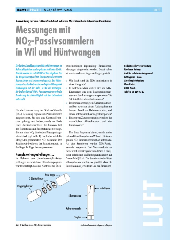 Auswirkung auf den Luftzustand durch schwere Maschinen beim intensiven Kiesabbau: Messungen mit NO2-Passivsammlern in Wil und Hüntwangen