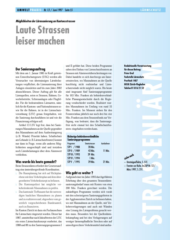 Zürcher Umweltpraxis 13: Möglichkeiten der Lärmsanierung an Kantonsstrassen: Laute Strassen leiser machen