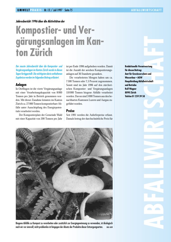 Jahresbericht 1996 über die Aktivitäten der Kompostier- und Vergärungsanlagen im Kanton Zürich