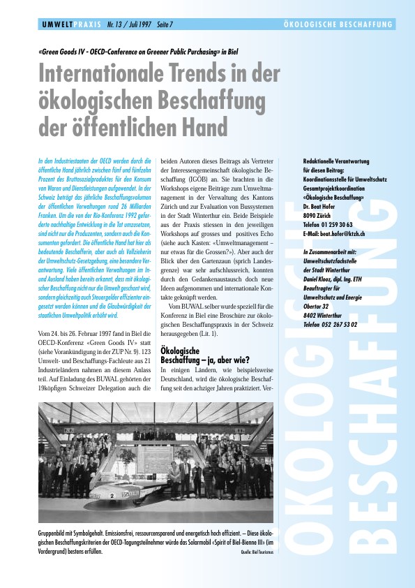 Zürcher Umweltpraxis 13: «Green Goods IV - OECD-Conference on Greener Public Purchasing» in Biel: Internationale Trends in der ökologischen Beschaffung der öffentlichen Hand