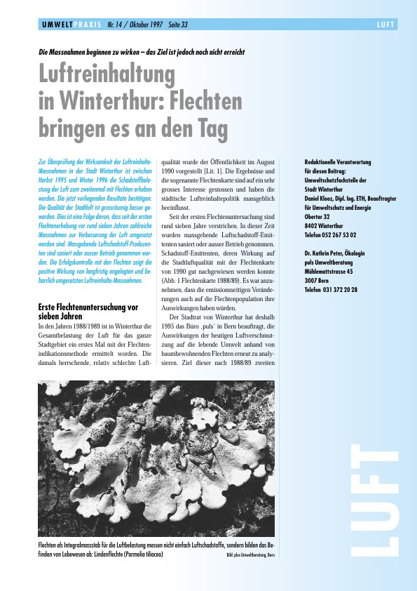 Die Massnahmen beginnen zu wirken – das Ziel ist jedoch noch nicht erreicht - Luftreinhaltung in Winterthur: Flechten bringen es an den Tag