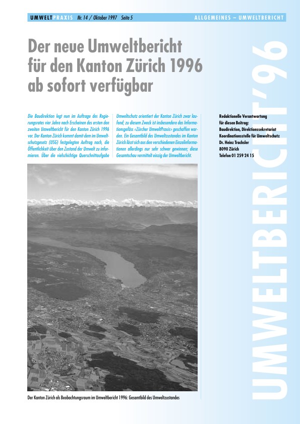 Der neue Umweltbericht für den Kanton Zürich 1996 ab sofort verfügbar