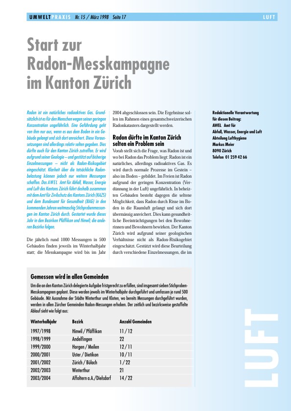 Start zur Radon-Messkampagne im Kanton Zürich