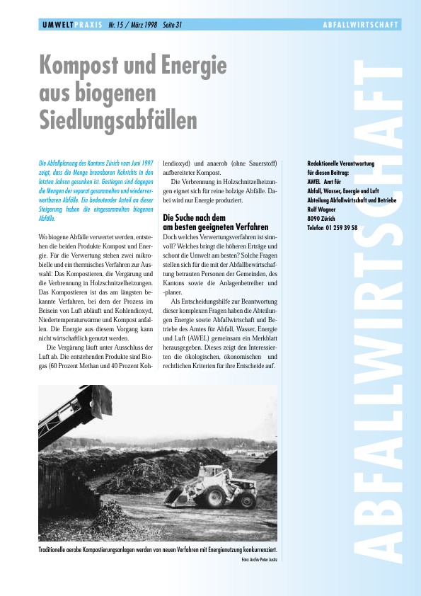 Zürcher Umweltpraxis 15: Kompost und Energie aus biogenen Siedlungsabfällen