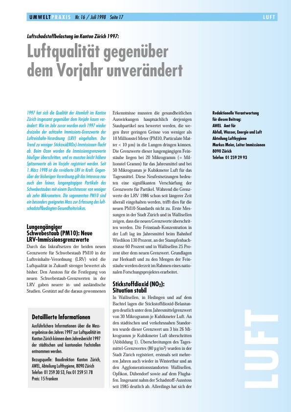 Zürcher Umweltpraxis 16: Luftschadstoffbelastung im Kanton Zürich 1997: Luftqualität gegenüber dem Vorjahr unverändert