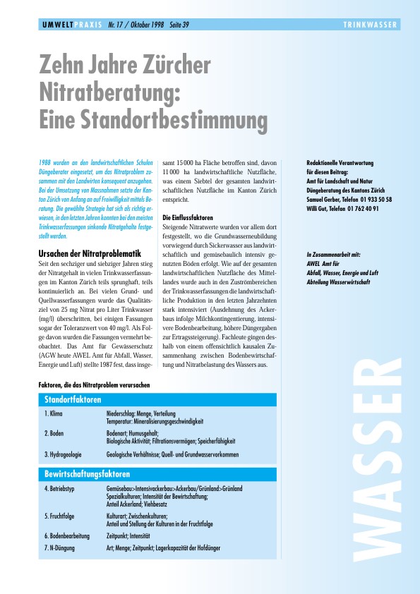 Zürcher Umweltpraxis 17: Zehn Jahre Zürcher Nitratberatung: Eine Standortbestimmung