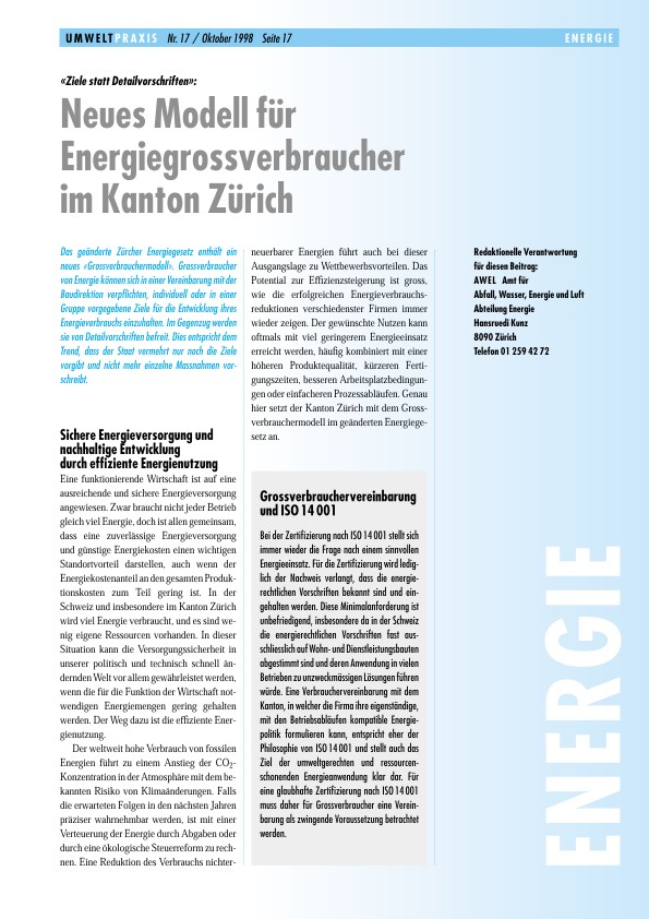 Zürcher Umweltpraxis 17: «Ziele statt Detailvorschriften»: Neues Modell für Energiegrossverbraucher im Kanton Zürich