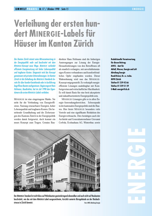Verleihung der ersten hundert Minergie-Labels für Häuser im Kanton Zürich