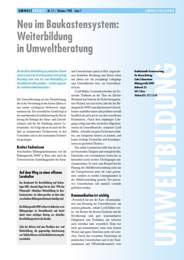 Zürcher Umweltpraxis 17: Neu im Baukastensystem: Weiterbildung in Umweltberatung