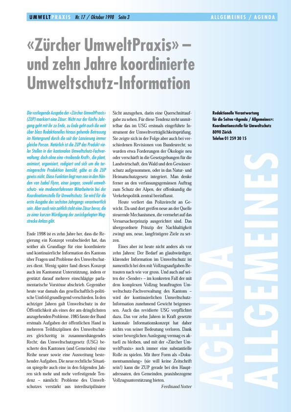 «Zürcher Umweltpraxis» und zehn Jahre koordinierte Umweltschutz-Information