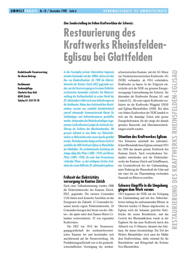 Zürcher Umweltpraxis 18: Eine Sonderstellung im frühen Kraftwerkbau der Schweiz: Restaurierung des Kraftwerks Rheinsfelden-Eglisau bei Glattfelden