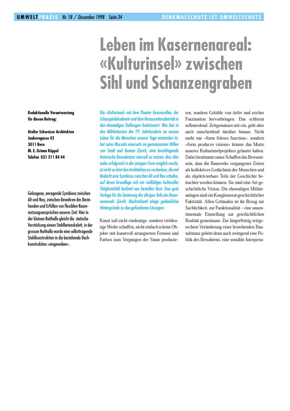 Zürcher Umweltpraxis 18: Leben im Kasernenareal: «Kulturinsel» zwischen Sihl und Schanzengraben