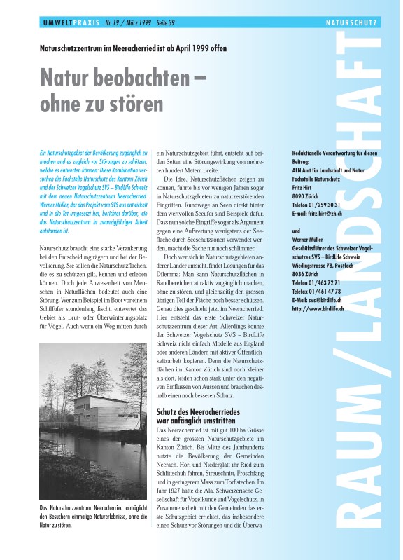 Zürcher Umweltpraxis 19: Naturschutzzentrum im Neeracherried ist ab April 1999 offen: Natur beobachten ohne zu stören