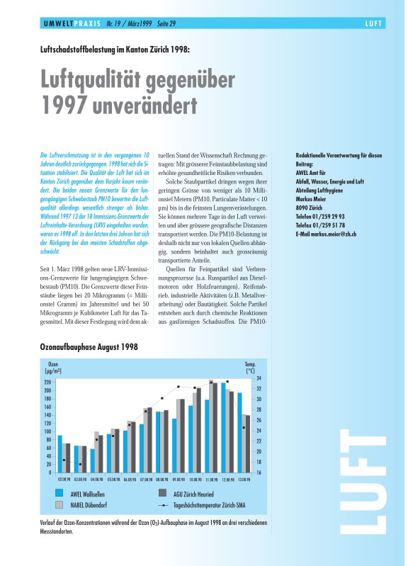 Luftschadstoffbelastung im Kanton Zürich 1998:Luftqualität gegenüber 1997 unverändert