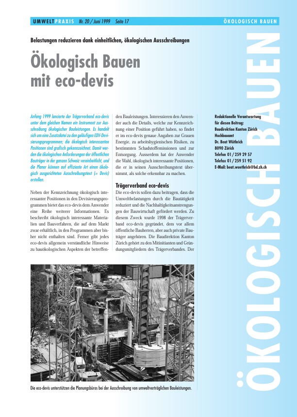 Zürcher Umweltpraxis 20: Ökologisch Bauen mit eco-devis: Belastungen reduzieren dank einheitlichen, ökologischen Ausschreibungen