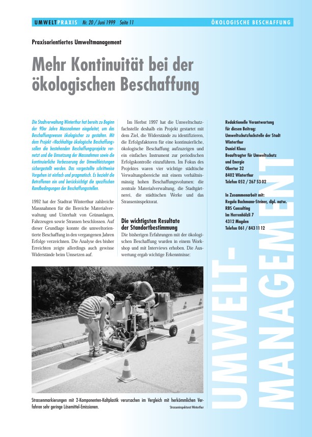 Zürcher Umweltpraxis 20: Praxisorientiertes Umweltmanagement: Mehr Kontinuität bei der ökologischen Beschaffung
