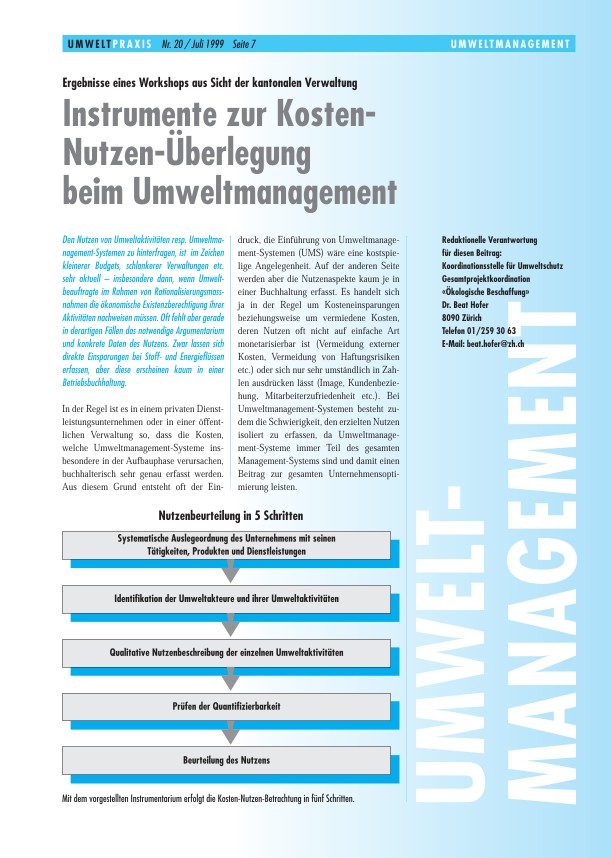 Instrumente zur Kosten-Nutzen-Überlegung beim Umweltmanagement: Ergebnisse eines Workshops aus Sicht der kantonalen Verwaltung