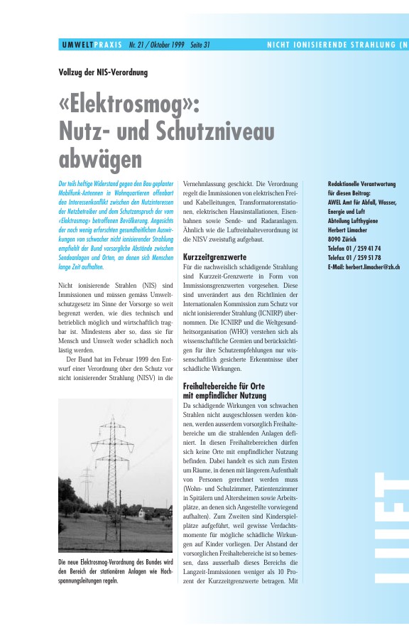 Vollzug der NIS-Verordnung - Elektrosmog:  Nutz und Schutzniveau abwägen