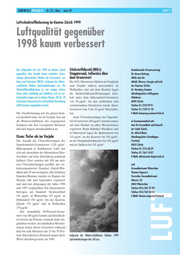 Luftschadstoffbelastung im Kanton Zürich 1999: Luftqualität gegenüber 1998 kaum verbessert