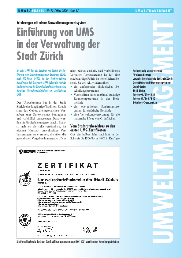 Erfahrungen mit einem Umweltmanagementsystem: Einführung von UMS in der Verwaltung der Stadt Zürich