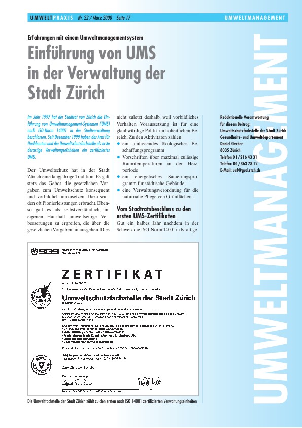 Zürcher Umweltpraxis 22: Erfahrungen mit einem Umweltmanagementsystem: Einführung von UMS in der Verwaltung der Stadt Zürich