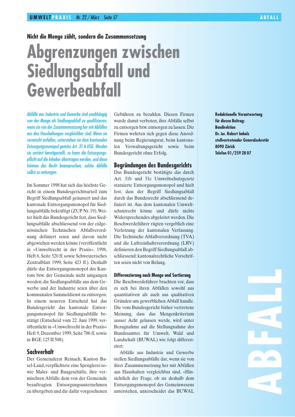 Zürcher Umweltpraxis 22: Abgrenzungen zwischen Siedlungsabfall und Gewerbeabfall: Nicht die Menge zählt, sondern die Zusammensetzung