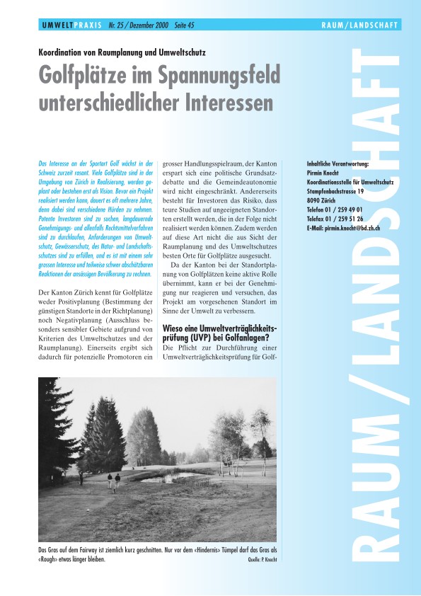 Zürcher Umweltpraxis 25: Koordination von Raumplanung und Umweltschutz: Golfplätze im Spannungsfeld unterschiedlicher Interessen
