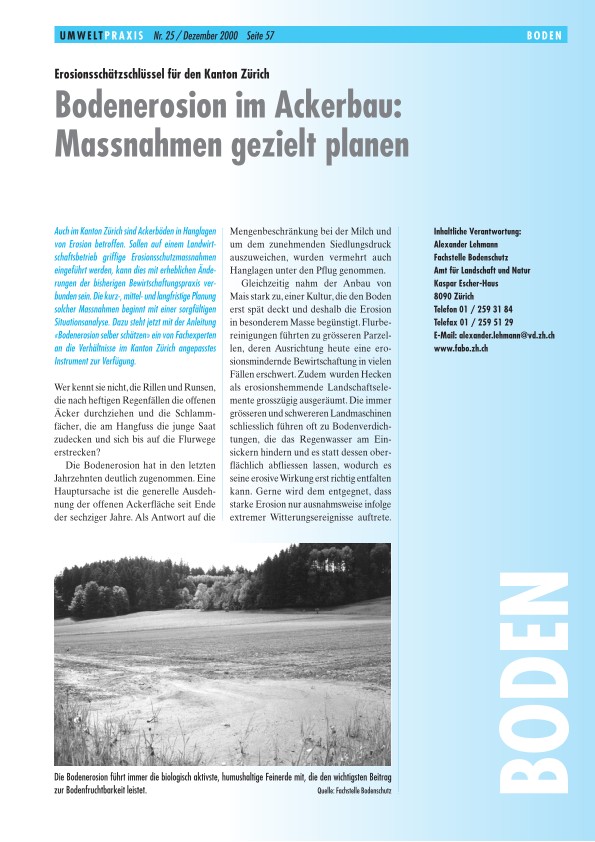 Erosionsschätzschlüssel für den Kanton Zürich - Bodenerosion im Ackerbau: Massnahmen gezielt planen