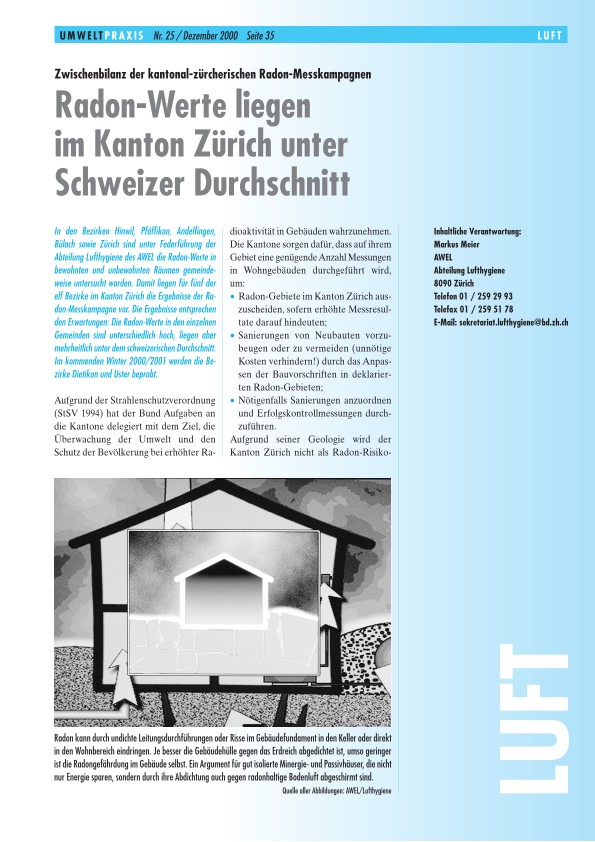 Radon-Werte liegen im Kanton Zürich unter Schweizer Durchschnitt: Zwischenbilanz der kantonal- zürcherischen Radon-Messkampagnen