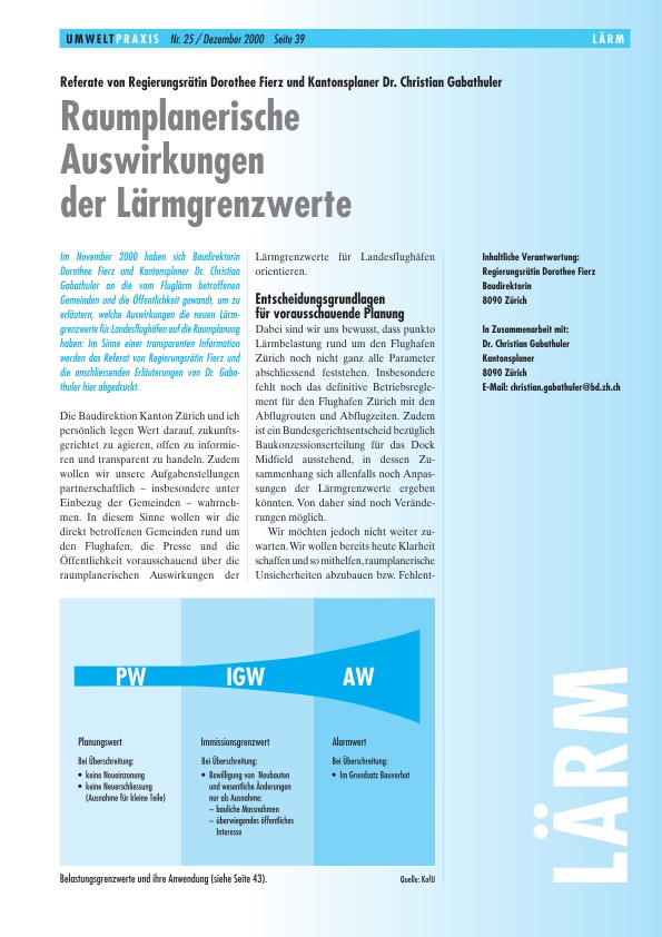 Zürcher Umweltpraxis 25: Referate von Regierungsrätin Dorothee Fierz und Kantonsplaner Dr. Christian Gabathuler: Raumplanerische Auswirkungen der Lärmgrenzwerte