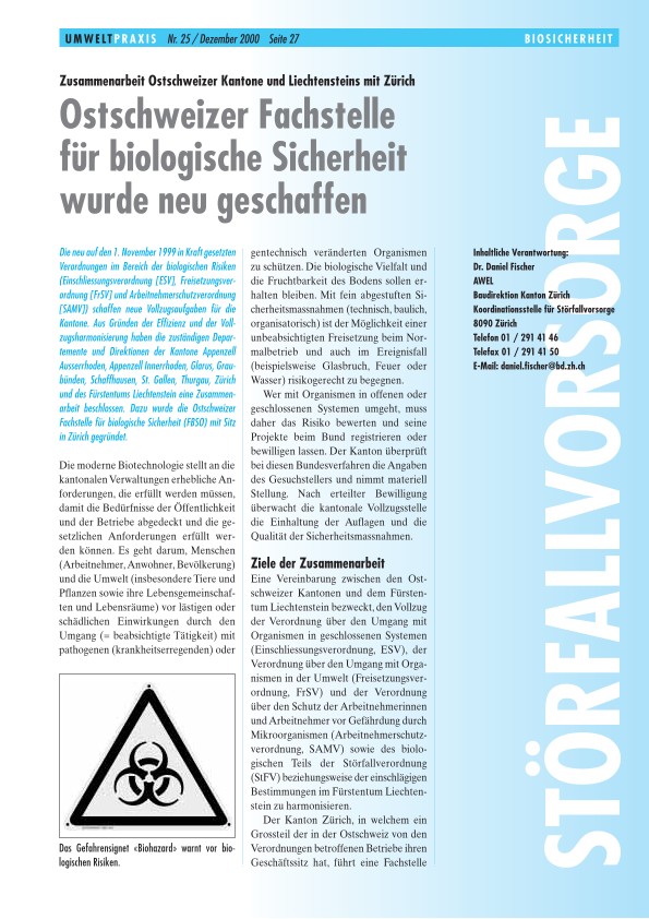 Zusammenarbeit Ostschweizer Kantone und Liechtensteins mit Zürich: Ostschweizer Fachstelle für biologische Sicherheit wurde neu geschaffen
